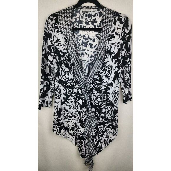 Black & White Tops - Alberto Makali Wrap Top Black White Ruffle Neck 3/4 Sleeve Lightweight Size L